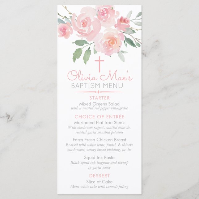 Watercolor Roses Girl Baptism Custom Event Menu (Front)