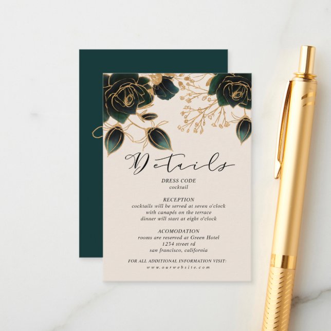 Watercolor Roses Gold And Green Details Enclosure Card (Front/Back In Situ)
