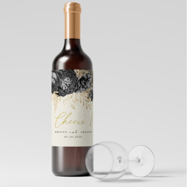 Watercolor Roses Gold Black Cheers Wedding Wine Label (Creator Uploaded)