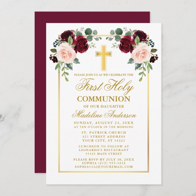 Watercolor Roses Gold Burgundy First Communion Invitation (Front/Back)