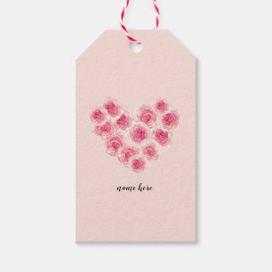 Watercolor roses in heart shape pink peach floral gift tags