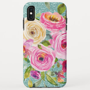 Watercolor Roses in Pink and Cream Aqua Glitter iPhone XS Max Case