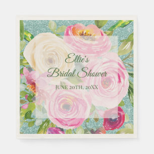 Watercolor Roses in Pink and Cream Aqua Glitter Napkin