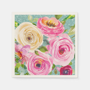Watercolor Roses in Pink and Cream Aqua Glitter Napkin