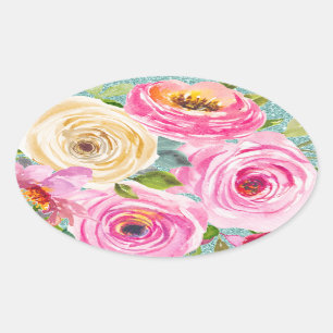Watercolor Roses in Pink and Cream Aqua Glitter Oval Sticker