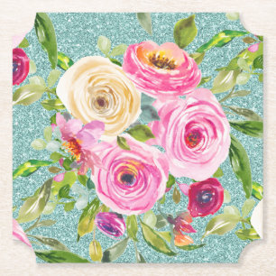 Watercolor Roses in Pink and Cream Aqua Glitter Paper Coaster
