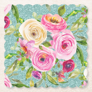 Watercolor Roses in Pink and Cream Aqua Glitter Paper Coaster