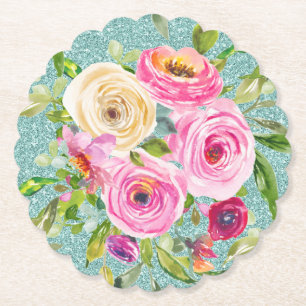 Watercolor Roses in Pink and Cream Aqua Glitter Paper Coaster