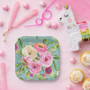 Watercolor Roses in Pink and Cream Aqua Glitter Paper Plate