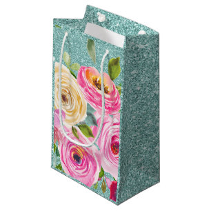 Watercolor Roses in Pink and Cream Aqua Glitter Small Gift Bag