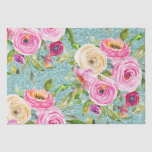Watercolor Roses in Pink and Cream Aqua Glitter Tissue Paper