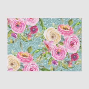 Watercolor Roses in Pink and Cream Aqua Glitter Tissue Paper