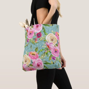 Watercolor Roses in Pink and Cream Aqua Glitter Tote Bag