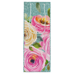 Watercolor Roses in Pink and Cream Aqua Glitter Wine Gift Bag