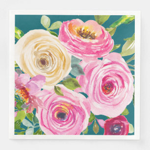Watercolor Roses in Pink and Cream in Teal Napkin