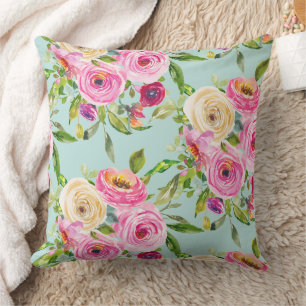 Watercolor Roses in Pink and Cream on Aqua Cushion