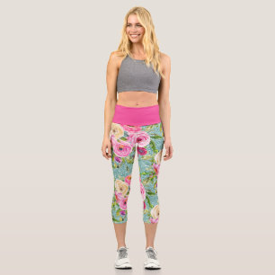 Watercolor Roses in Pink and Cream on Aqua Glitter Capri Leggings