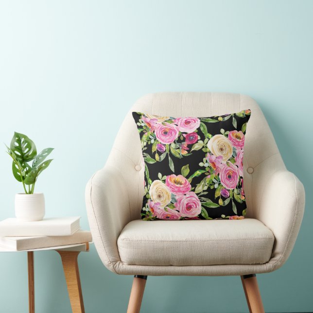 Watercolor Roses in Pink and Cream on Black Cushion (Chair)