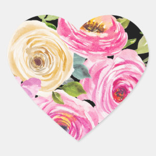 Watercolor Roses in Pink and Cream on Black Heart Sticker