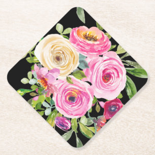 Watercolor Roses in Pink and Cream on Black Paper Coaster
