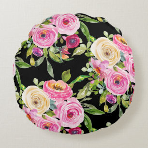 Watercolor Roses in Pink and Cream on Black Round Cushion