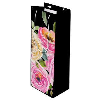Watercolor Roses in Pink and Cream on Black Wine Gift Bag