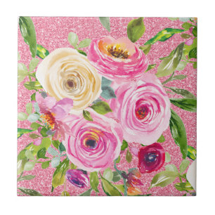 Watercolor Roses in Pink and Cream on Pink Glitter Ceramic Tile