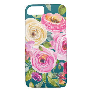 Watercolor Roses in Pink and Cream on Teal iPhone 8/7 Case
