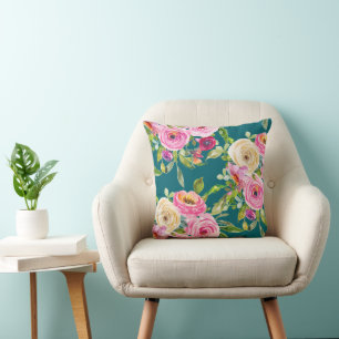 Watercolor Roses in Pink and Cream on Teal Cushion