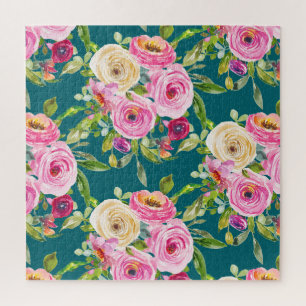 Watercolor Roses in Pink and Cream on Teal Jigsaw Puzzle