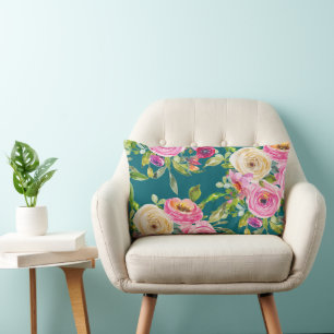Watercolor Roses in Pink and Cream on Teal Lumbar Cushion