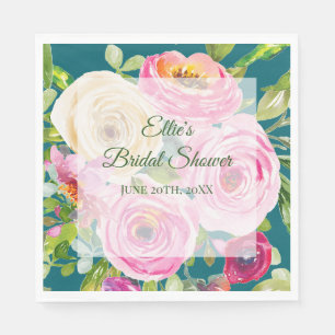 Watercolor Roses in Pink and Cream on Teal Napkin