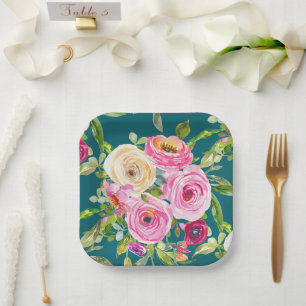 Watercolor Roses in Pink and Cream on Teal Paper Plate