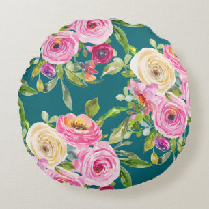 Watercolor Roses in Pink and Cream on Teal Round Cushion