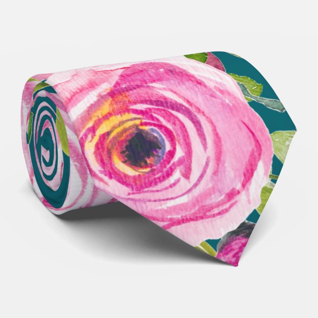 Watercolor Roses in Pink and Cream on Teal Tie (Rolled)