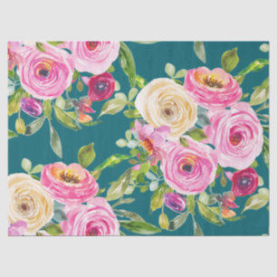 Watercolor Roses in Pink and Cream on Teal Tissue Paper