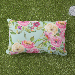 Watercolor Roses in Pink and Cream on Yellow Lumbar Cushion