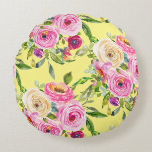 Watercolor Roses in Pink and Cream on Yellow Round Cushion