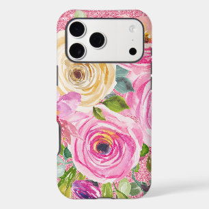 Watercolor Roses in Pink and Cream Pink Glitter
