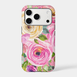 Watercolor Roses in Pink and Cream Pink Glitter