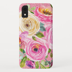 Watercolor Roses in Pink and Cream Pink Glitter iPhone XR Case