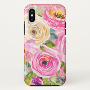 Watercolor Roses in Pink and Cream Pink Glitter iPhone X Case