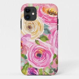 Watercolor Roses in Pink and Cream Pink Glitter iPhone 11 Case