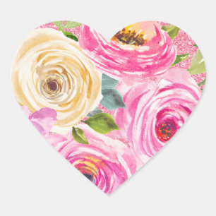 Watercolor Roses in Pink and Cream Pink Glitter Heart Sticker