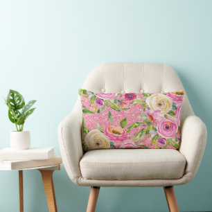Watercolor Roses in Pink and Cream Pink Glitter Lumbar Cushion