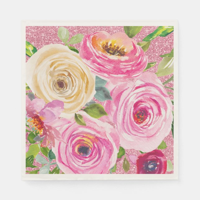 Watercolor Roses in Pink and Cream Pink Glitter Napkin (Front)