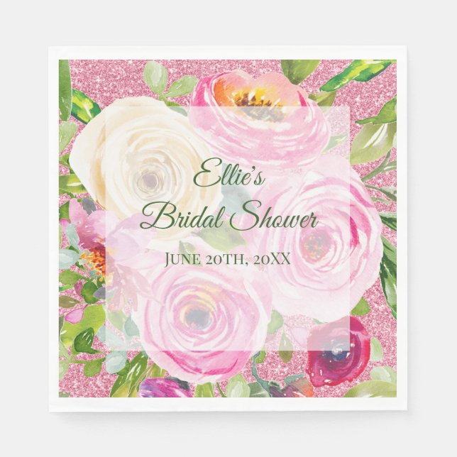 Watercolor Roses in Pink and Cream Pink Glitter Napkin (Front)