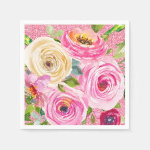 Watercolor Roses in Pink and Cream Pink Glitter Napkin