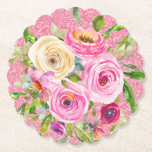 Watercolor Roses in Pink and Cream Pink Glitter Paper Coaster