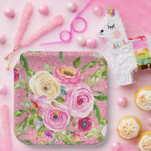 Watercolor Roses in Pink and Cream Pink Glitter Paper Plate